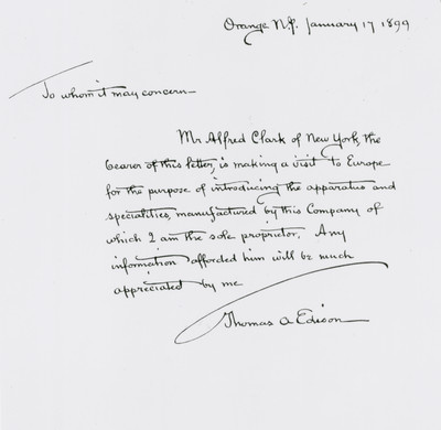 Thomas Edison letter Alfred Clark Copyright courtesy of  EMI Group Archive Trust
